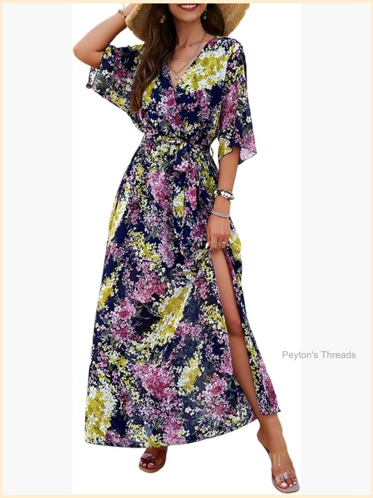 Half Sleeve Wrap V Neck Chiffon Floral Casual Maxi Dress